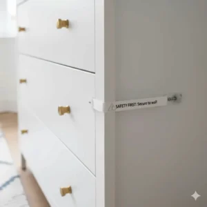 Close-up of safety wall anchors on a nursery chest of drawers to prevent tipping.
