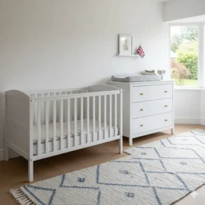 Matching nursery furniture set including a cot bed and a three-drawer chest.