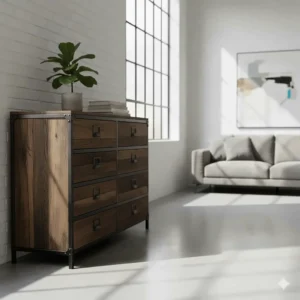 Solid oak and black powder-coated steel industrial chest of drawers in a bright, loft-style room.