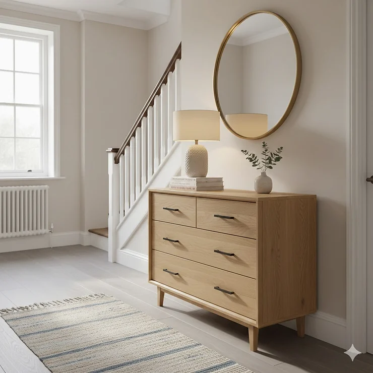 Slim oak chest of drawers for hallway styled with a table lamp and mirror in a modern British home. chest of drawers for hallway