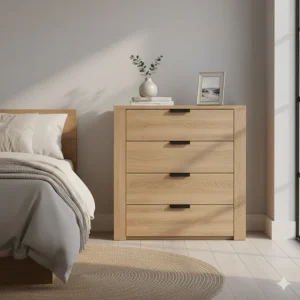 Realistic oak-effect 4-drawer chest for a master bedroom, under £100 budget.
