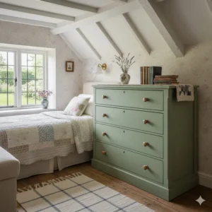 A sage green painted pine chest of drawers suitable for a small country cottage bedroom.