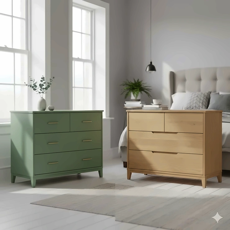A side-by-side comparison of a sage green painted chest of drawers and a light oak natural wood chest of drawers in a bright British bedroom. painted vs natural wood chest of drawers