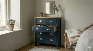 Unfinished natural pine Shaker chest of drawers showcasing the minimalist wood grain design.