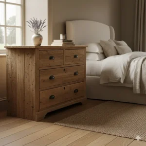 A rustic reclaimed wood chest of drawers styled with lavender in a farmhouse-inspired master bedroom.