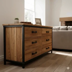 Rustic industrial chest of drawers made from reclaimed timber with heavy-duty iron handles.
