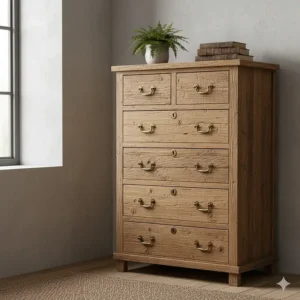 A rustic reclaimed wood tallboy chest of drawers showing natural grain and antique brass handles.