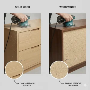 Illustration demonstrating how a solid wood chest of drawers can be sanded and refinished to remove scratches, unlike thin veneer surfaces.