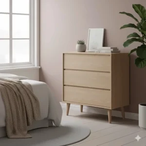 Minimalist Scandi-style light wood chest of drawers with tapered legs, ideal for a bright, small master bedroom.