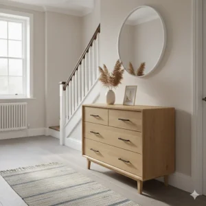 Minimalist Scandi-style light wood chest of drawers for a contemporary hallway.