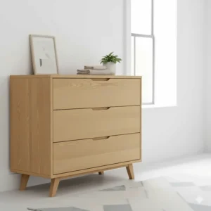 Modern oak chest of drawers for a nursery with a minimalist Scandinavian design.