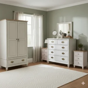 A matching set of shabby chic bedroom furniture including a wardrobe and a large chest of drawers.