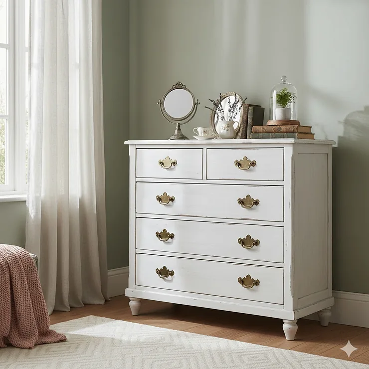 A hand-painted shabby chic chest of drawers in chalk white, styled with vintage accessories in a bright UK bedroom. shabby chic chest of drawers