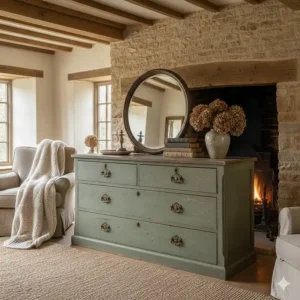 A large shabby chic chest of drawers used as a sideboard in a rustic British living room.