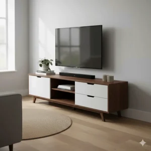 Low-profile chest of drawers used as a living room sideboard, affordable furniture under £100.