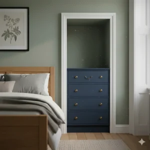 A slim navy blue chest of drawers perfectly fitted into a Victorian house bedroom alcove.