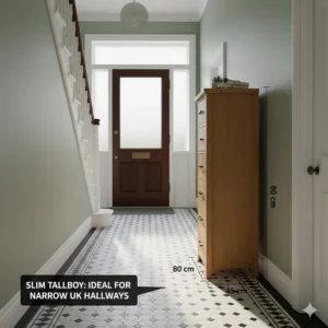Alt text for image 6 A slim oak tallboy positioned in a narrow Victorian hallway with traditional floor tiles to show space-saving placement.