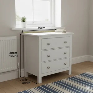 Illustration showing the dimensions of a small chest of drawers to fit under a hallway radiator.