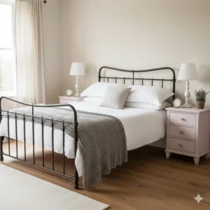 A pair of small shabby chic bedside chests of drawers in a light pastel pink finish.