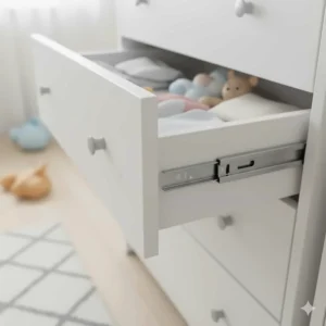 Demonstration of a soft-close drawer runner on a nursery chest of drawers.