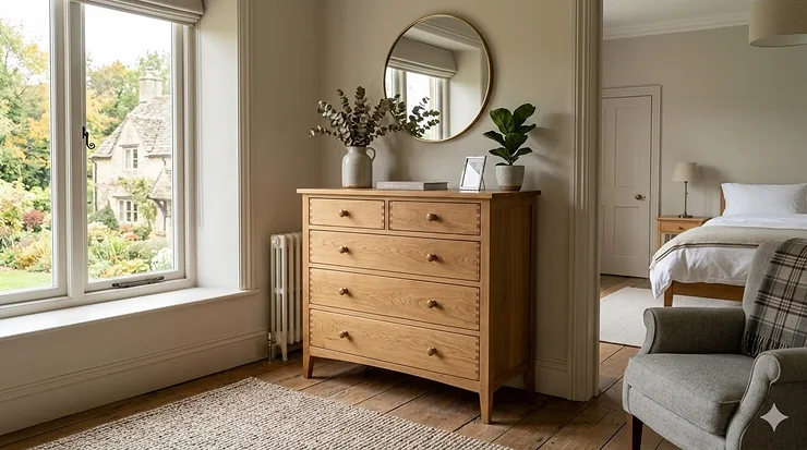 A classic 5-drawer Shaker chest of drawers in solid oak, styled in a bright British master bedroom. shaker chest of drawers