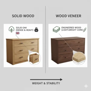 Comparison of the internal structure of a heavy solid oak drawer vs a lightweight veneer drawer with an MDF core.