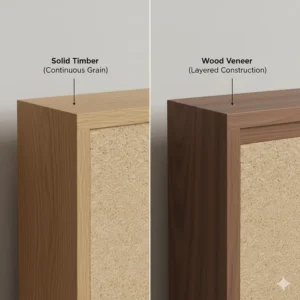 Close-up diagram showing the continuous grain of solid timber compared to the thin layered sheets of a wood veneer panel.