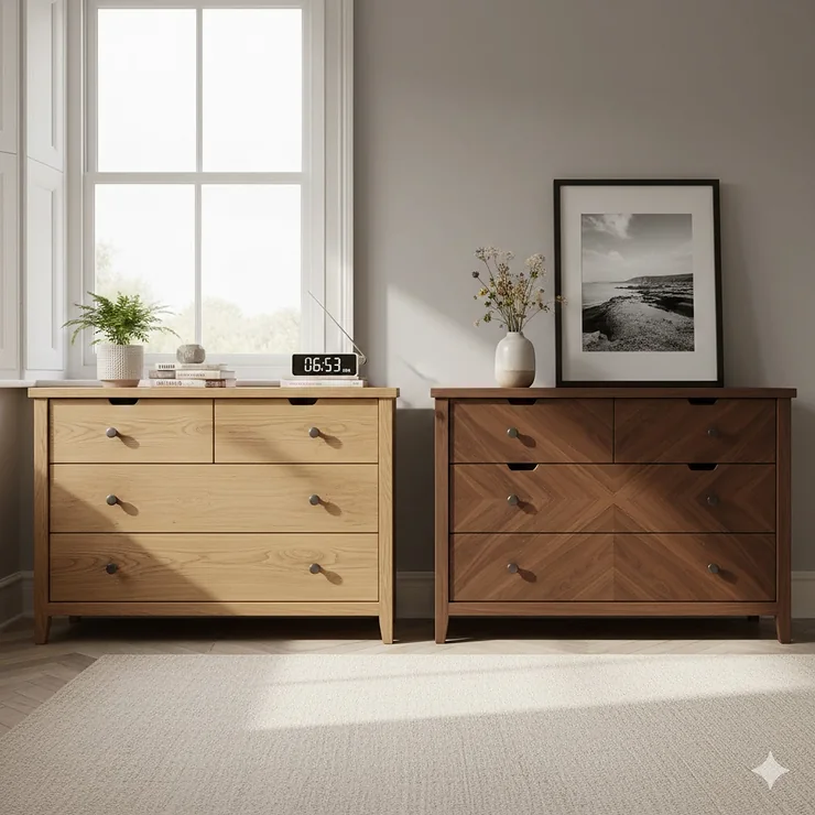 A side-by-side comparison of a solid oak chest of drawers and a walnut wood veneer chest in a bright UK master bedroom. solid wood vs veneer chest of drawers