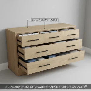 Alt text for image 3 Illustration of a wide 3-over-4 standard chest of drawers with open drawers showing folded clothes and storage capacity.