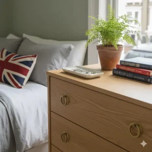 Close-up of a small chest of drawers top featuring a jewellery tray and a small potted plant.