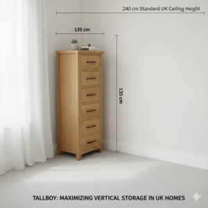 Alt text for image 4 Line drawing showing the height of a 6-drawer oak tallboy unit compared to a standard 240cm UK ceiling height.