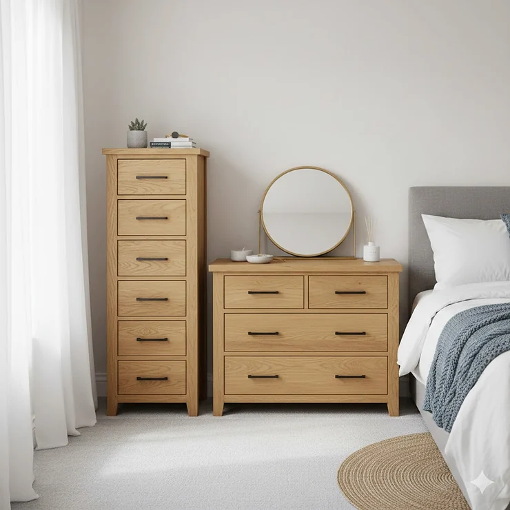 Alt text for image 1 A side-by-side comparison of a slim oak tallboy and a wide standard chest of drawers in a modern British master bedroom. tallboy vs standard chest of drawers