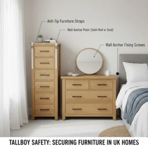 Alt text for image 8 Technical illustration showing a tallboy secured to a bedroom wall with anti-tip furniture straps for home safety.