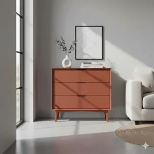 A bold terracotta painted chest of drawers used as a colourful accent piece in a modern living room.