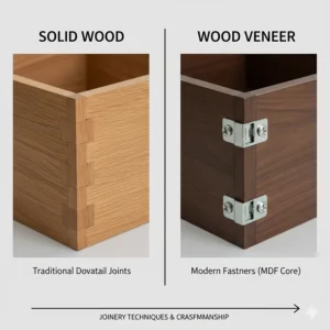 Close-up of traditional dovetail joints on a solid wood drawer, a hallmark of British furniture craftsmanship.