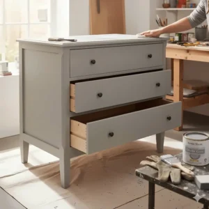 An upcycled chest of drawers being painted in a soft grey chalk paint, demonstrating a DIY furniture transformation in a home workshop.
