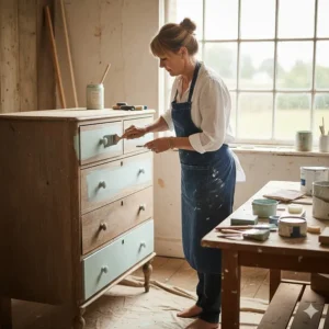 A vintage wooden chest being upcycled with duck egg blue chalk paint for a shabby chic look.