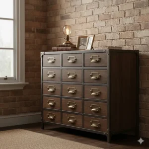 Vintage-style industrial apothecary chest of drawers with multi-drawer design and brass hardware.