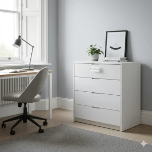 Classic white 4-drawer chest of drawers for a bright, contemporary UK home office.