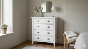 A tall white Shaker chest of drawers with brushed chrome handles against a neutral wall.