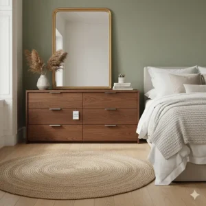 Wide 6-drawer chest of drawers providing affordable storage for a main bedroom.