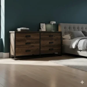 Wide 8-drawer industrial chest of drawers providing ample storage for a master bedroom.