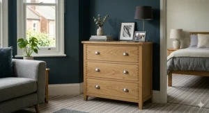 A versatile 3 drawer chest of drawers being used as a small sideboard or hallway storage unit.