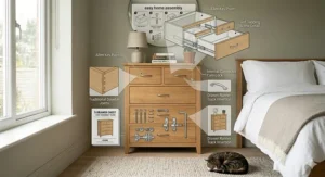 Graphic illustration showing a simple home assembly guide for a flat-pack 5 drawer chest of drawers with an Allen key.