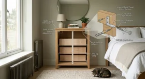 Safety diagram showing how to use a wall fixing kit to secure a tall 5 drawer chest of drawers to prevent tipping.