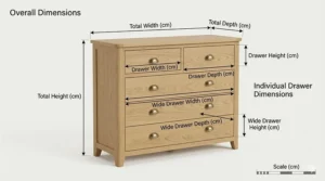 Technical drawing showing the height, width, and depth in centimetres of a wide 6 drawer chest of drawers.