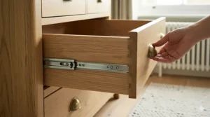 Close-up illustration of heavy-duty metal drawer runners on an oak 6 drawer chest of drawers.