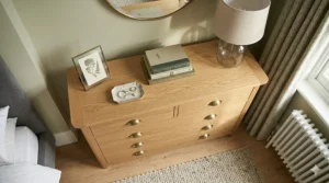 Top-down view of a 6 drawer chest of drawers showing the spacious surface area used as a dressing table.
