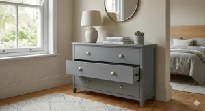 Modern anthracite grey soft close chest of drawers placed against a neutral feature wall.