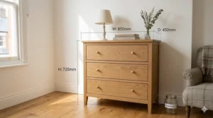 An illustrative diagram showing the height, width, and depth measurements of a standard three-drawer assembled chest.